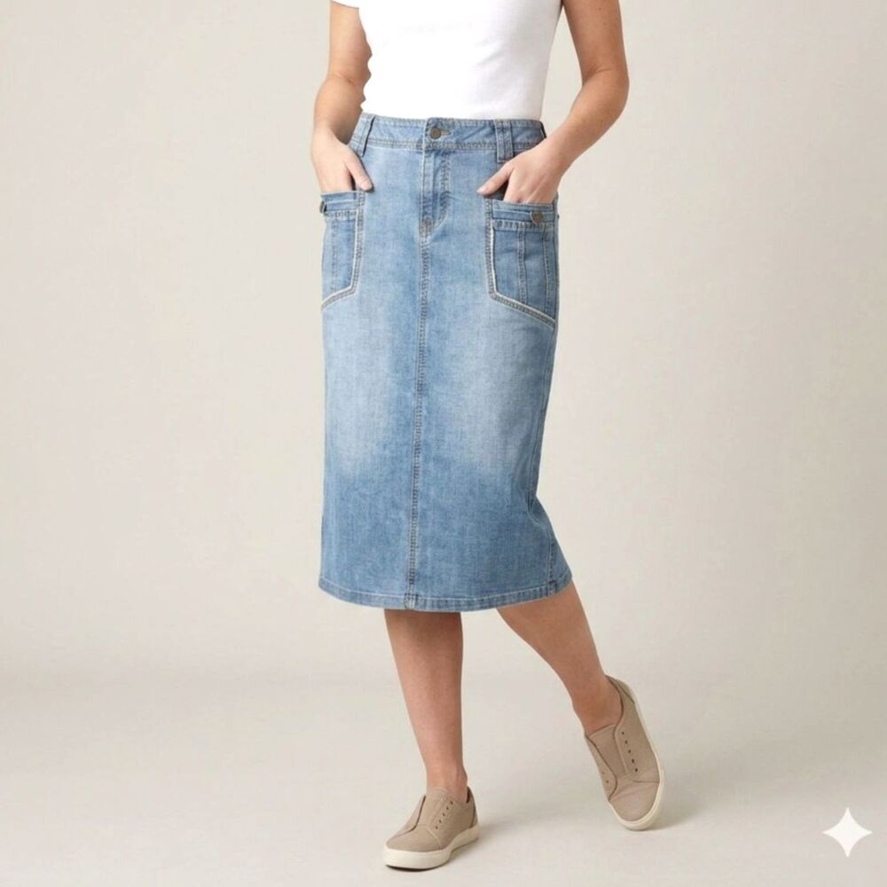VTG Cato Denim Cargo Midi Skirt Small 4 Blue Jean Utility Pockets Slit Y2K Gorp